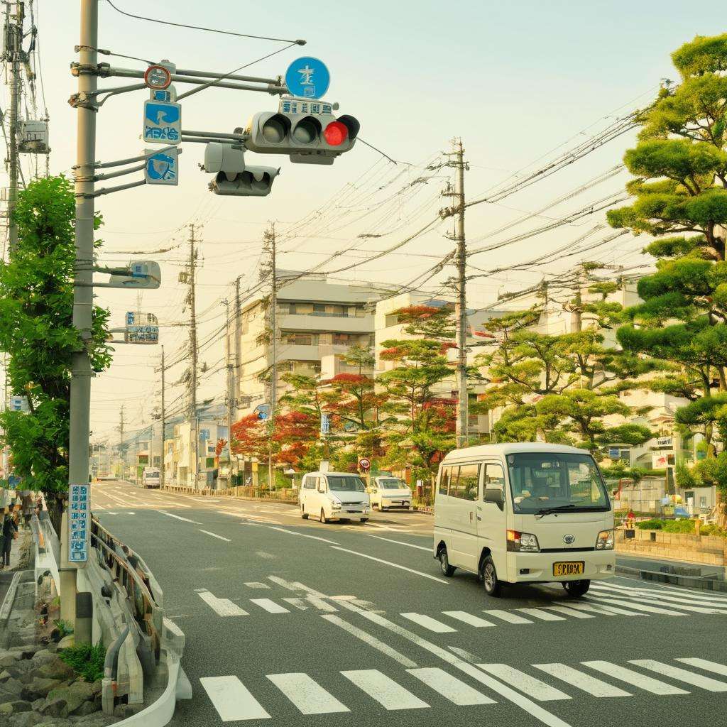 masterpiece, best quality, ultra-detailed, illustration,japan, scenery, motor vehicle, traffic light, ground vehicle, car, building, real world location, outdoors, lamppost, tree, sign, city, road sign, crosswalk, cityscape, road, bus, day, truck, sky, street, power lines, multiple girls, realistic, photo background, photo (medium), toyota, subaru, nissan, suzuki,  <lora:JapanScenery_road_SDXL_V2:1>