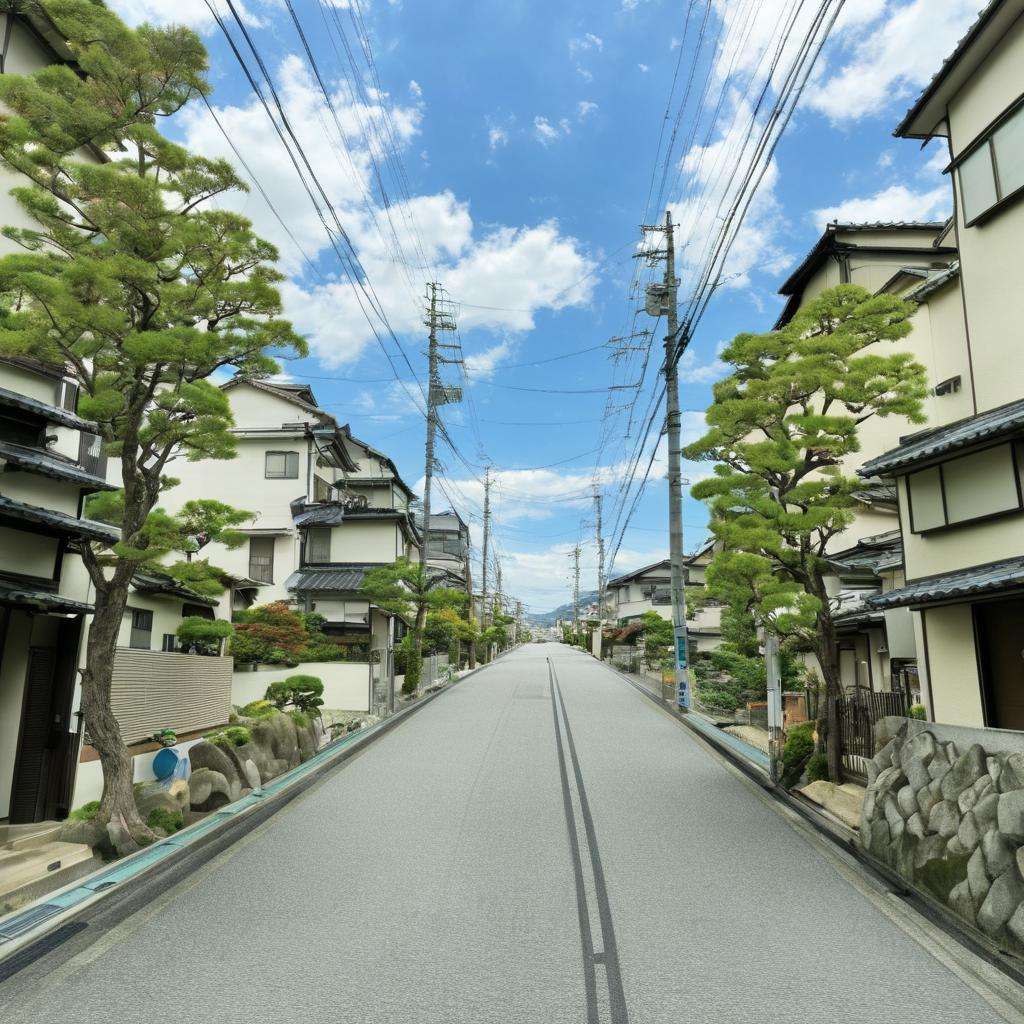 masterpiece, best quality, ultra-detailed, illustration,japan, outdoors, road, scenery, tree, street, sky, building, power lines, utility pole, house, day, cloud,  bush, blue sky, real world location, town, plant, realistic, photo background, photo (medium) <lora:JapanScenery_road_SDXL_V2:1>