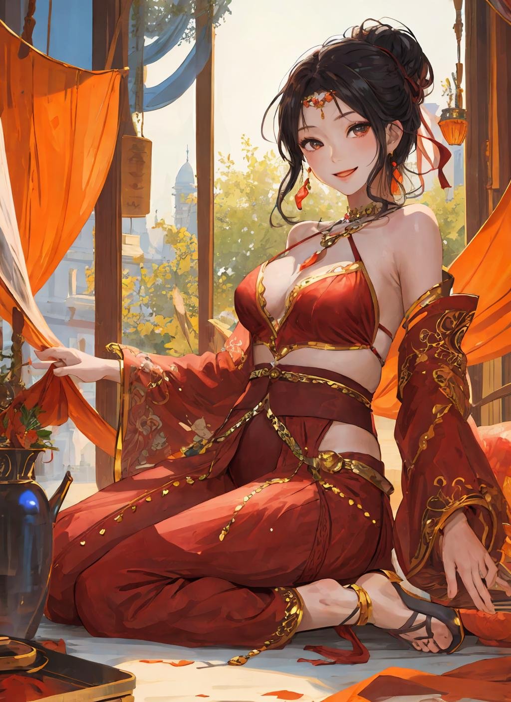 1girl,(harem outfit),portrait,detailed face,sunlight, looking at viewer,(masterpiece:1.2),(best quality:1.2),detailed background,smile,<lora:HaremDancer_v1:0.9>