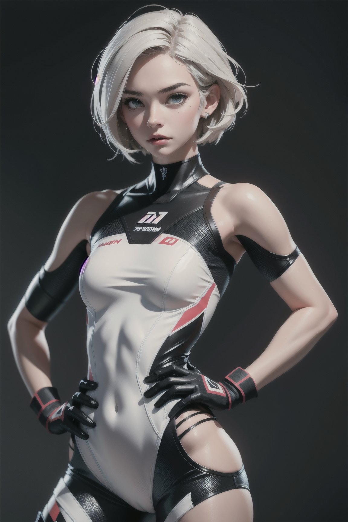 Create a photorealistic image of a woman with Torn dressed Motocross suit. Strapless should have a fit and athletic build,  suggesting that she has short white hair,  hand on her hip. Her expression should convey a sense of determination