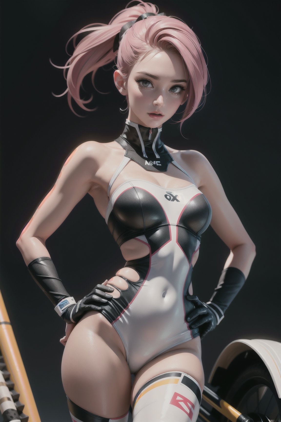 Create a photorealistic image of a woman with Torn dressed Motocross suit. Strapless should have a fit and athletic build,  suggesting that she has short rainbow hair,  hand on her hip. Her expression should convey a sense of determination