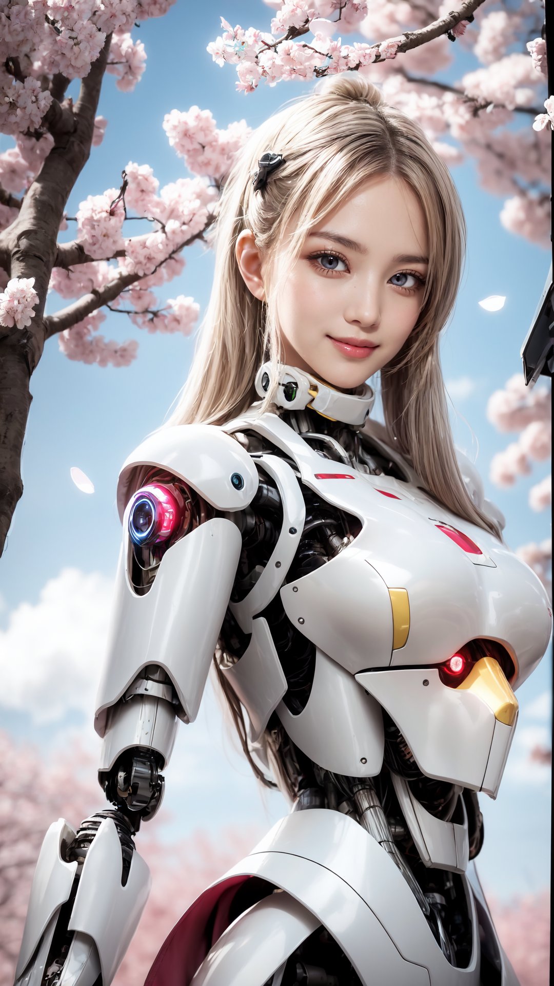 masterpiece, best quality, 1girl, yellow eyes, Beautiful face, delicate eyes, smile, long hair, white hair, tree, stairs, standing, sky, cherry blossoms, temple, looking at viewer, upper body, from below, looking back, ((Mecha)), young girl, Cyberpunk, CyberMechaGirl