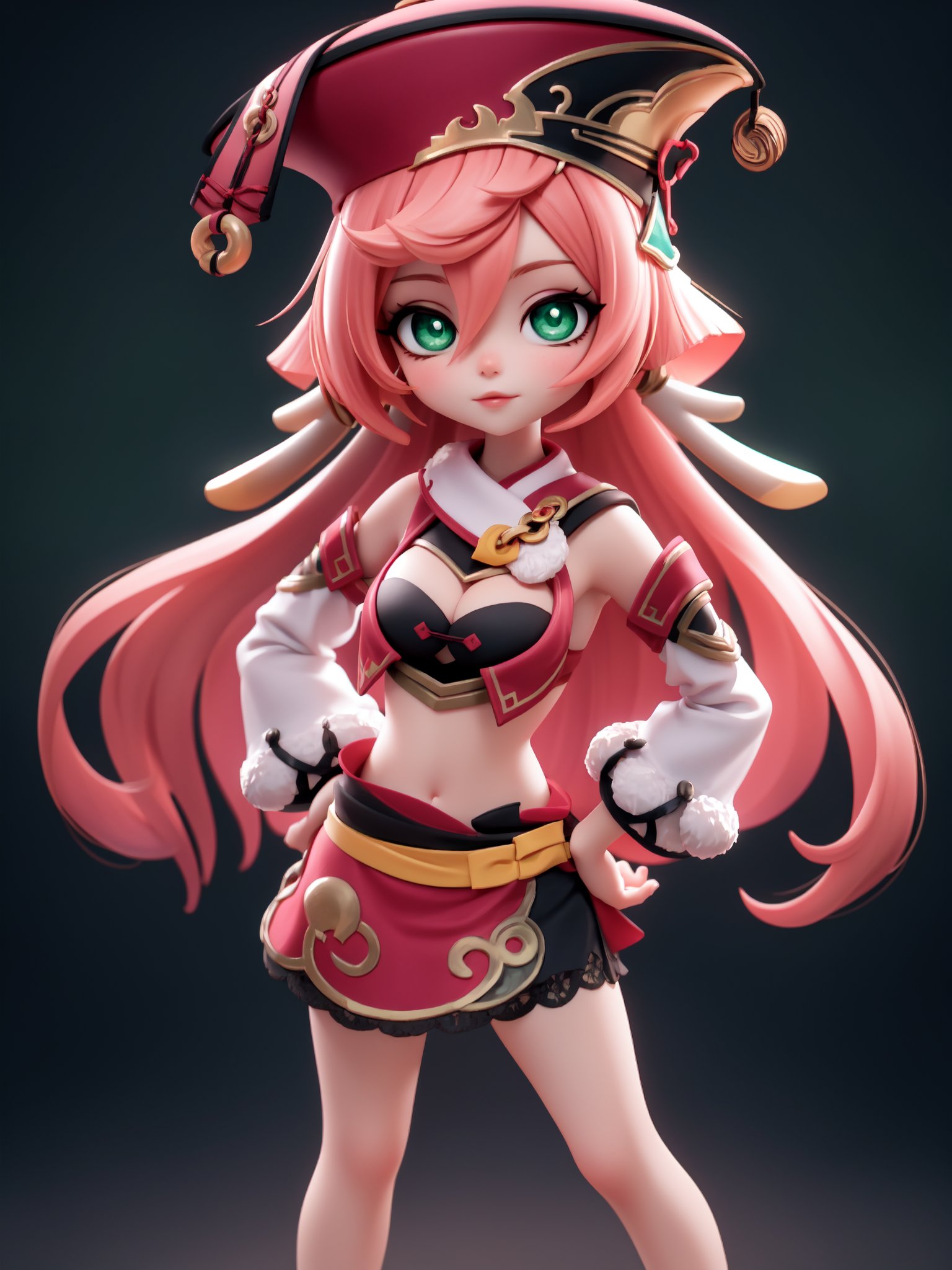 masterpiece, best quality, highres, pvc, render, chibi,yanfei, 1girl, long hair, pink hair, green eyes, antlers, hat, crop top, cleavage, midriff, skirt, detached sleeves, , standing, hand on hip,