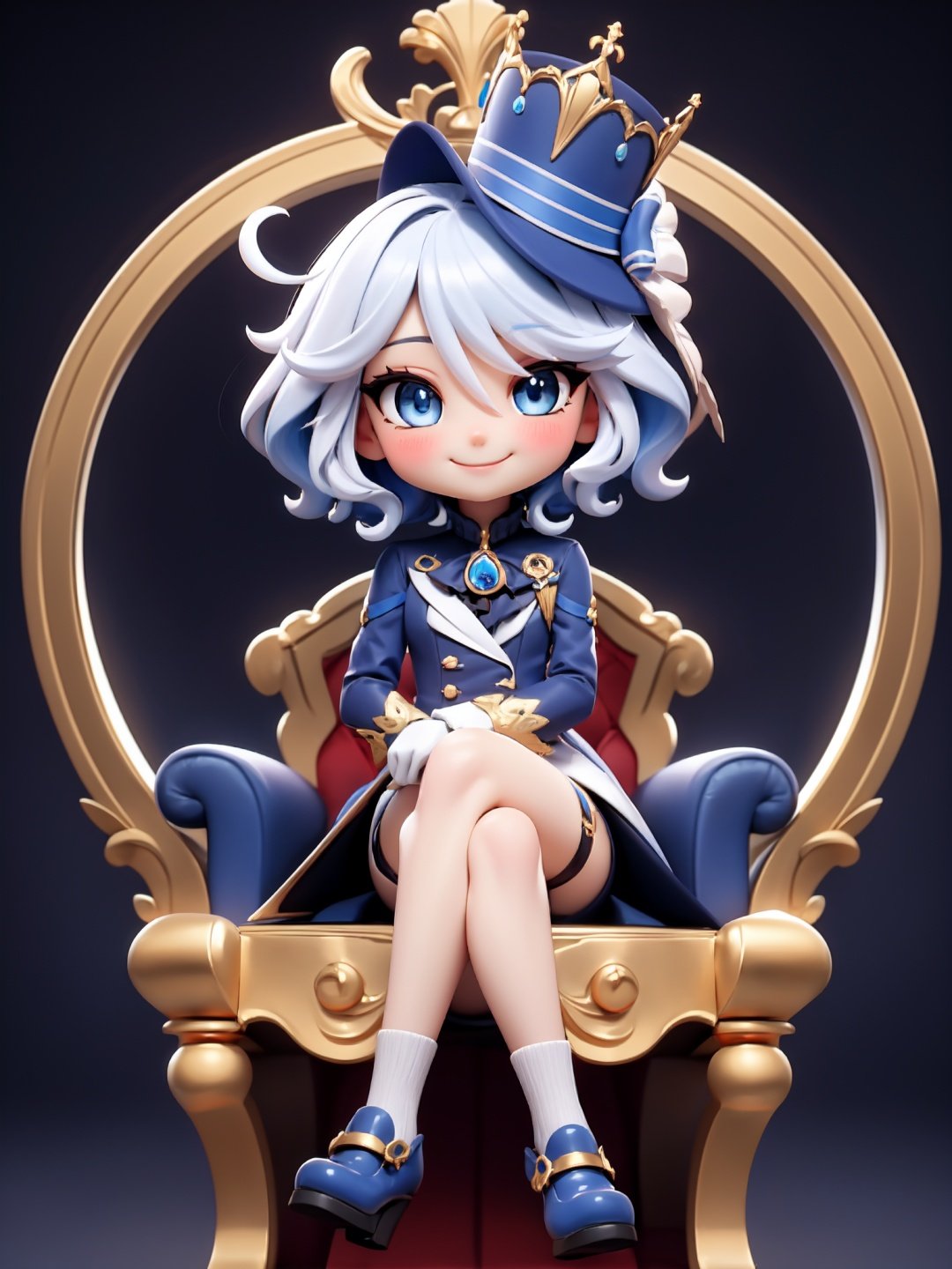 furina, chibi, hat, smug smile, little girl, orb, brooch, long dresssitting, crossed leg, looking at viewer, blush, smile, short hair, blue eyes, golden throne, blue footwear, high details, opera background