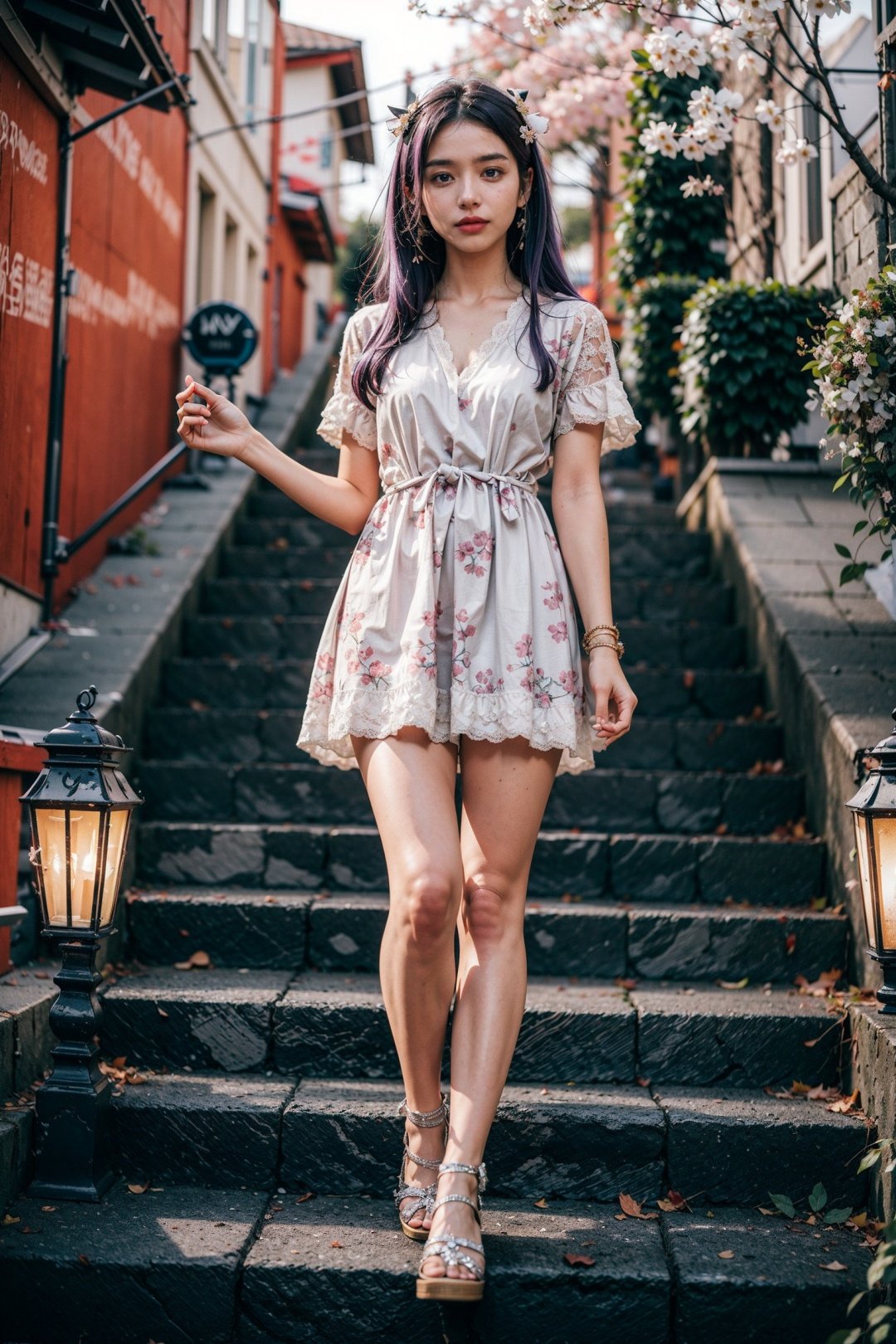 (long legs:1.4),(blurry background:1.3),masterpiece,day,bajinzi,best quality,(ultra detailed:1.3),((((charmingcobblestonestreets),))),(purple hair:1.3),hand between legs,unity 8k wallpaper,white dress,(lantern:1.2),(hair ornament:1.2),looking at viewer,hair ornament,1girl,(photorealistic:1.4),(rock steps extending upwards:1.3),cherry blossom tree,sun,long hair,1girl,solo,purple hair,long hair,