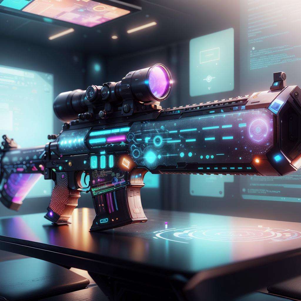 <lora:AdsTech-20:0.8>, adstech , scifi,   colorful symbols),  hologram,rifle displayed on a table , 