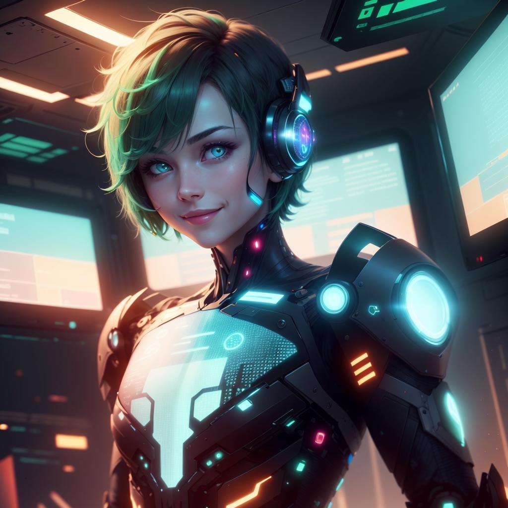 <lora:AdsTech-20:0.9>, adstech , scifi,  led screens,  symbols , text , ads,  scholar , scroll, 1girl,short hair, green hair, glowing eyes, smile ,closed mouth, glowing body, 