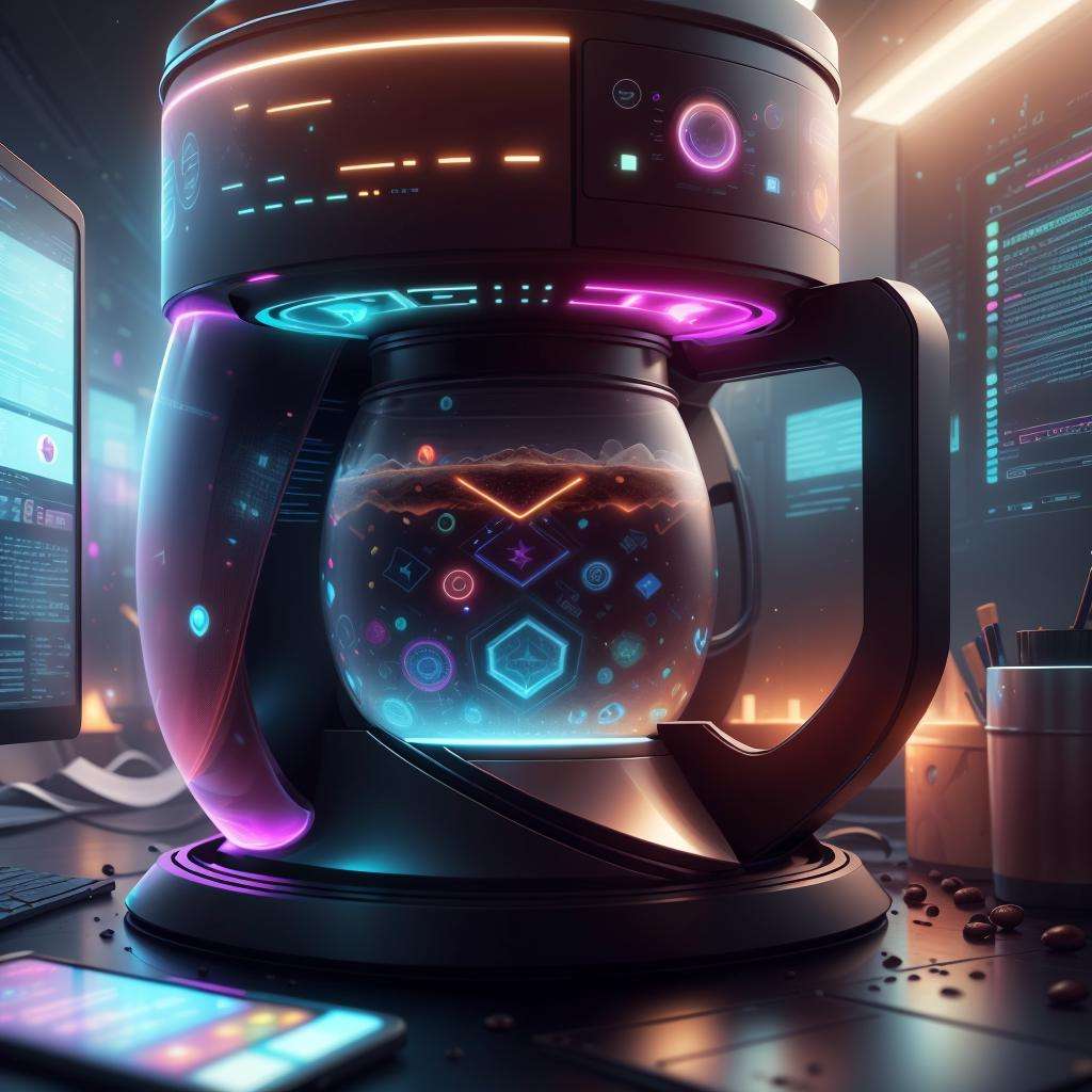 <lora:AdsTech-20:0.9>, adstech , scifi,   colorful symbols,  hologram,coffee machine 