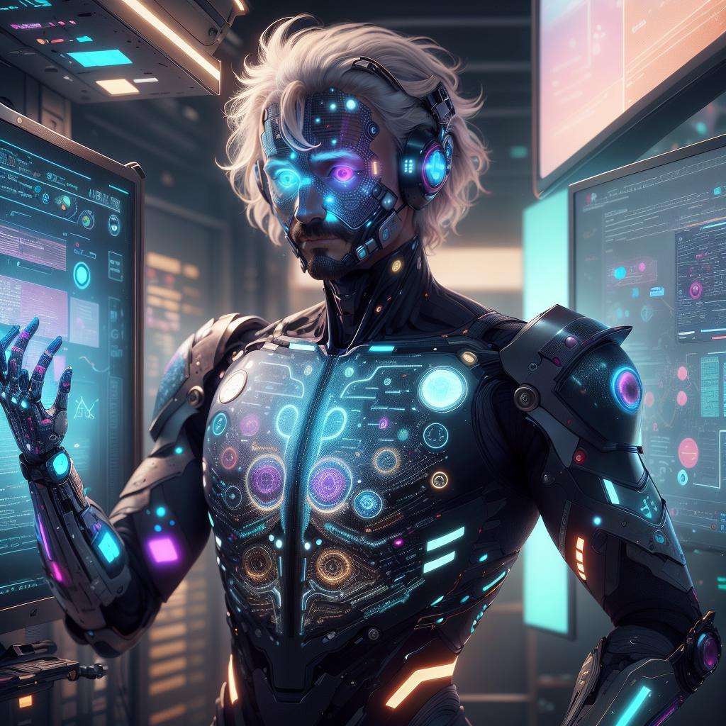 <lora:AdsTech-20:0.9>, adstech , scifi,   colorful symbols),  hologram,man,scientist, albert einstein, 1boy, 