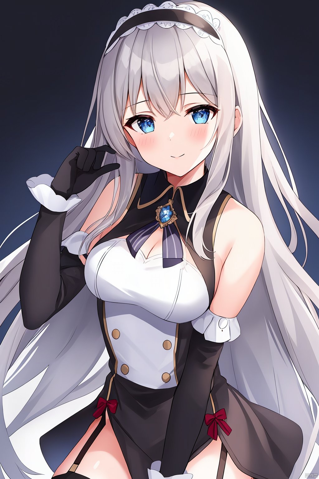  1girl, solo, long hair, breasts, looking at viewer, blush, smile, bangs, blue eyes, simple background, thighhighs, gloves, white background, dress, bare shoulders, medium breasts, very long hair, closed mouth, standing, grey hair, detached sleeves, black gloves, black thighhighs, white dress, headgear, garter straps, own hands together, mecha musume