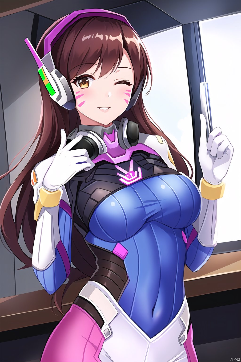  1girl, solo, long hair, breasts, looking at viewer, smile, bangs, brown hair, gloves, brown eyes, medium breasts, upper body, parted lips, one eye closed, indoors, white gloves, window, bodysuit, covered navel, headphones, facial mark, skin tight, index finger raised, pilot suit, whisker markings, shoulder pads, blue bodysuit, ribbed bodysuit, d.va \(overwatch\), masterpiece