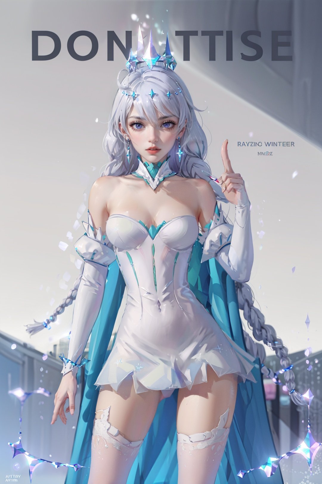 (best quality), (ultra detailed), ((masterpiece)), sfw,consored,illustration, ray tracing,contrapposto, female focus,model, 
///////////////////
(dongzhi,winter princess, mini dress, crystal crown:1.2), twin braids,white thighhighs, long white hair, thigh boots,
//////////////////////////
sexy, fine fabric emphasis,wall paper, crowds, fashion, Lipstick, depth of field, street, in public,(Magazine cover:1.2),(title),(Magazine cover-style illustration of a fashionable woman), posing in front of a colorful and dynamic background.  (The text on the cover should be bold and attention-grabbing, with the title of the magazine and a catchy headline). 