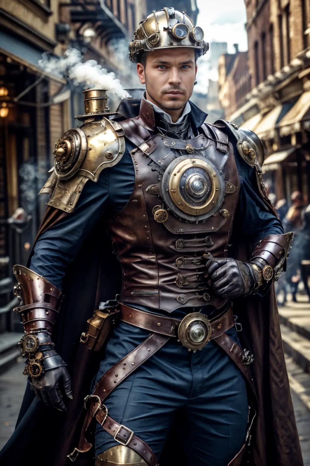 realistic, masterpiece, best quality, cinematic lighting, natural shadow, highest detail, professional photography, detailed background, depth of field, insane details, intricate, aesthetic, detailed face, subsurface scattering, realistic hair, realistic eyes, muscular, photo of a handsome man, steam4rmor, wearing steampunk paladin armor, holding shield, steampunk fantasy background, helmet, cape, cross,