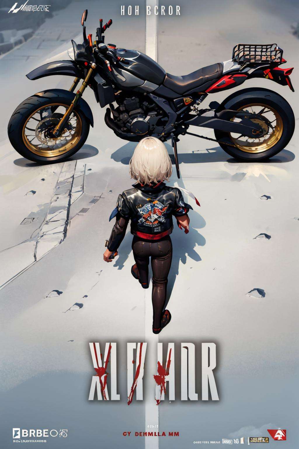 (masterpiece, best quality:1.2), akiraposter, from above, from behind, solo, 1girl, sugar \(nikke\), walking, leather jacket, long sleeves, leather pants, armband, ground vehicle, motorcycle <lora:sugar-nikke-richy-v1:1> <lora:concept_akiraposter-11:1>