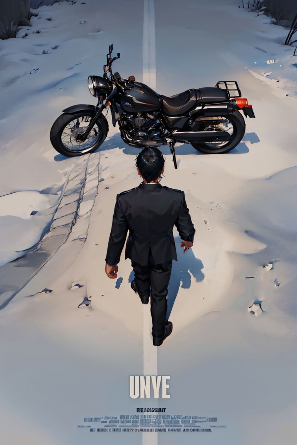 (masterpiece, best quality:1.2), akiraposter, from above, from behind, solo, male focus, 1boy, justtnp, walking, formal, black jacket, black pants, ground vehicle, motorcycle <lora:oc_justtnp-11:0.9> <lyco:concept_akiraposter-11:1>