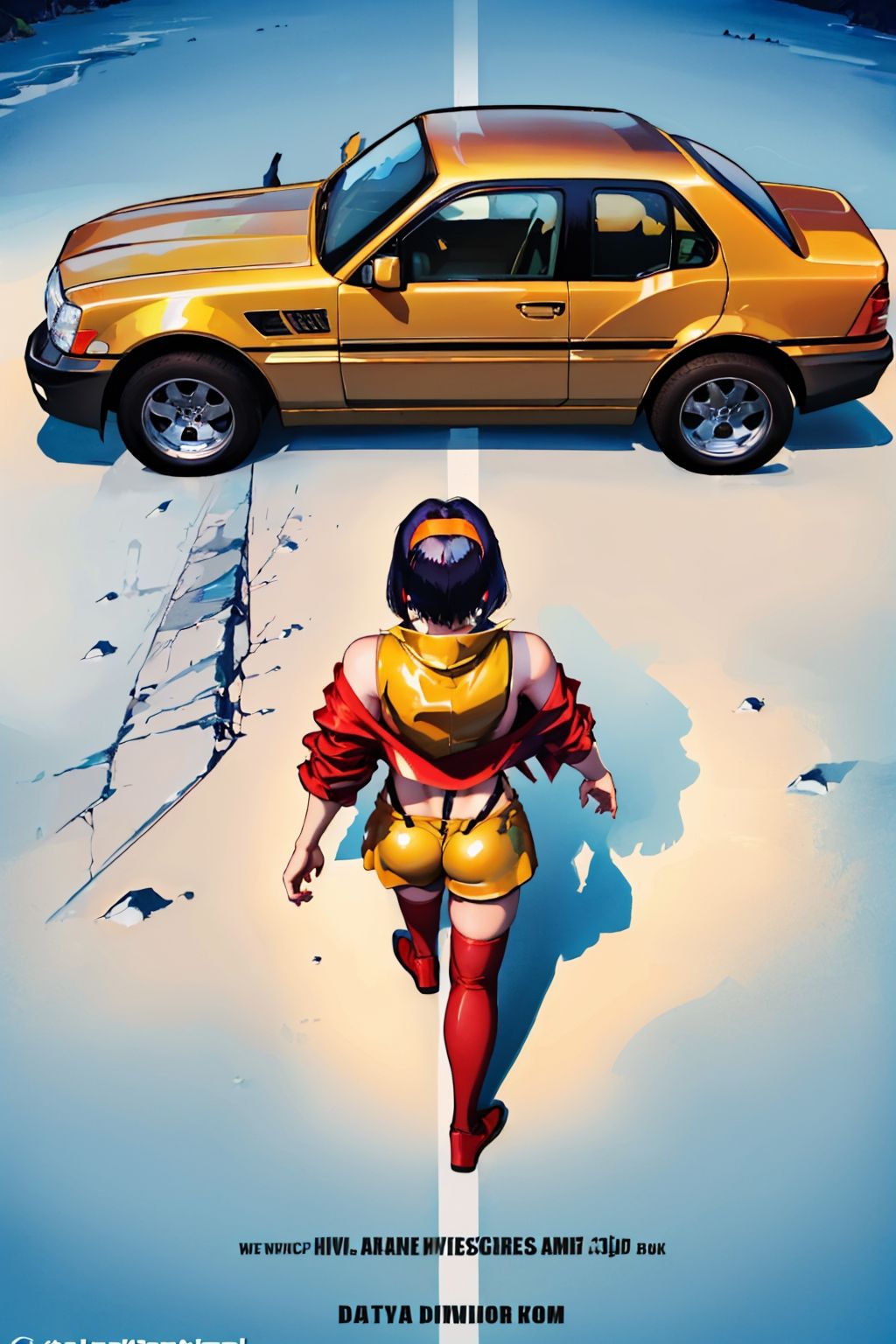 (masterpiece, best quality:1.2), akiraposter, from above, from behind, solo, 1girl, fayevalentine, walking, yellow hairband, red jacket, crop top, yellow shorts, thighhighs, car <lora:cowboybebop_faye:1.0> <lyco:concept_akiraposter-11:1>