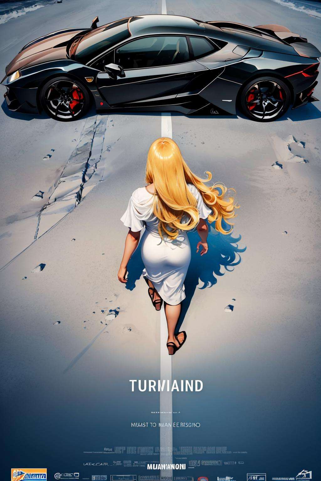 (masterpiece, best quality:1.2), akiraposter, from above, from behind, solo, 1girl, walking, long hair, blonde hair, white dress, ground vehicle, lamborghini  <lora:concept_akiraposter-11:1>