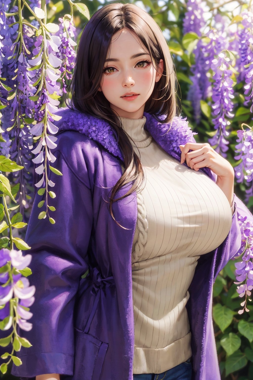 ((masterpiece, best quality, detailed)), (realistic:1.3), 1girl, mature female, (smile:0.5), big breasts, standing, ((wisteria tree, flowers, tree branch)),(long sweater), (fur coat jacket:1.3)