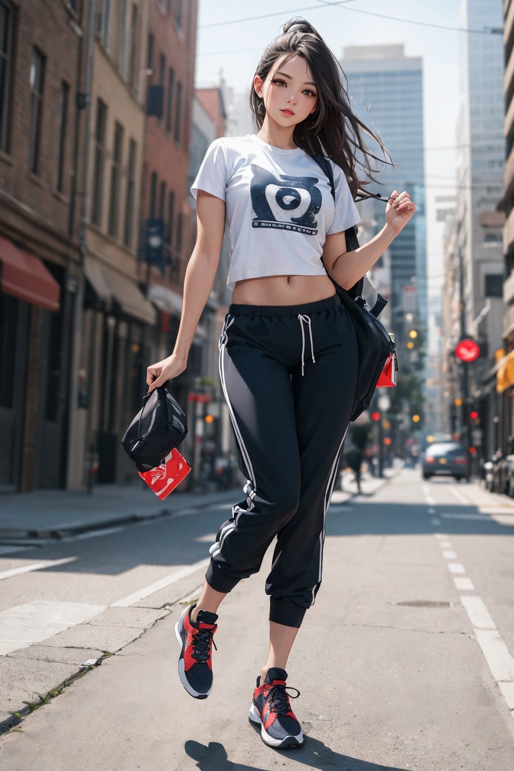 ((masterpiece, best quality, detailed)), (realistic:1.3), beautiful and aesthetic, hires, bokeh, depth of field, HDR,
1girl, Cropped t-shirt, jogger pants, and sneakers, posing for a picture, professional photoshoot,
