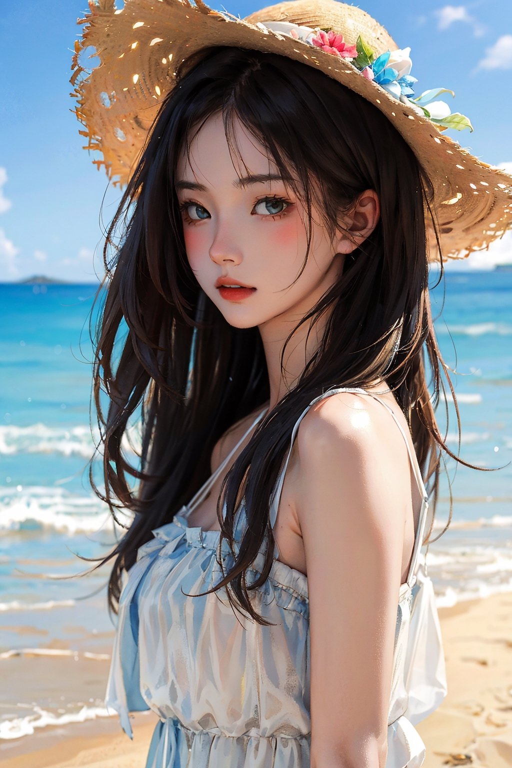 ((masterpiece, best quality, detailed)), (realistic:1.3), a 20 yo woman, brunette, sundress, straw hat, at the beach