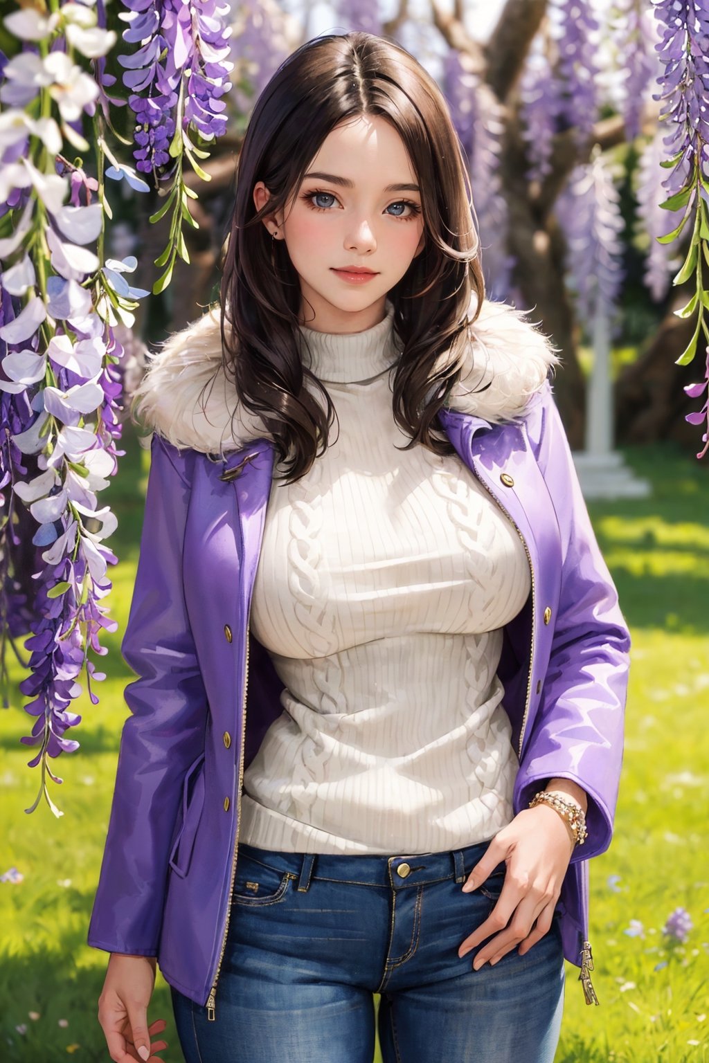 ((masterpiece, best quality, detailed)), (realistic:1.3), 1girl, mature female, (smile:0.5), big breasts, standing, ((wisteria tree, flowers, tree branch)),(long sweater), (fur coat jacket:1.3)