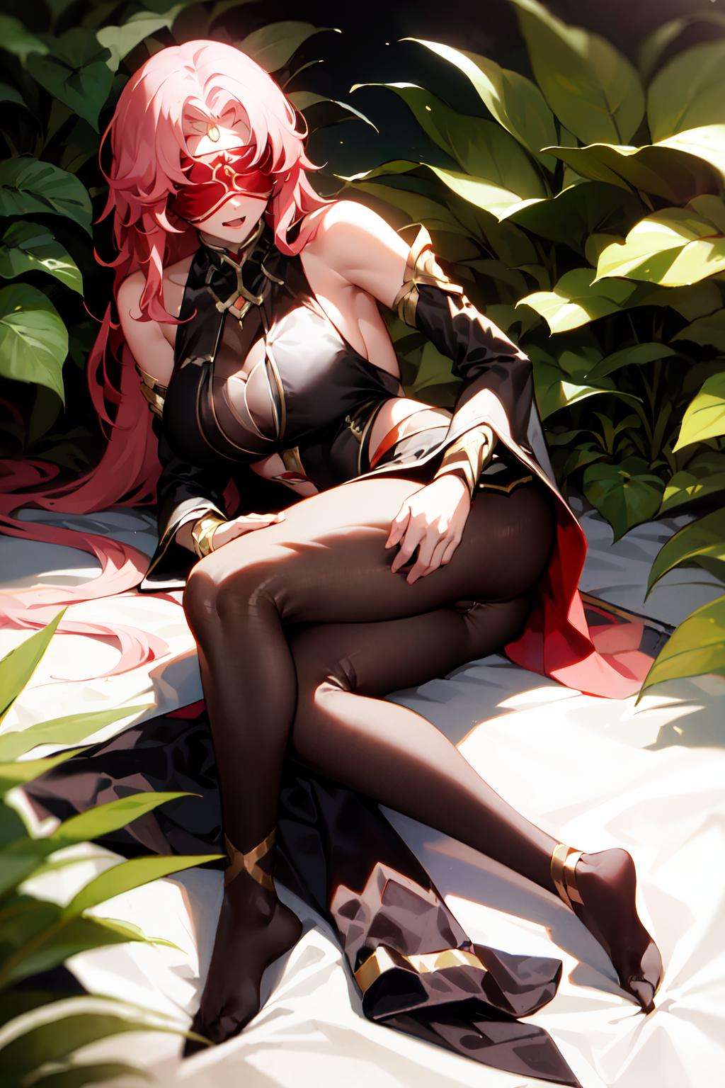 <lora:Babel-10:0.8>, Babel, 1girl, solo, long hair, large breasts, bare shoulders, pink hair, pantyhose, lying, detached sleeves, on back, black pantyhose, own plant, blindfold,