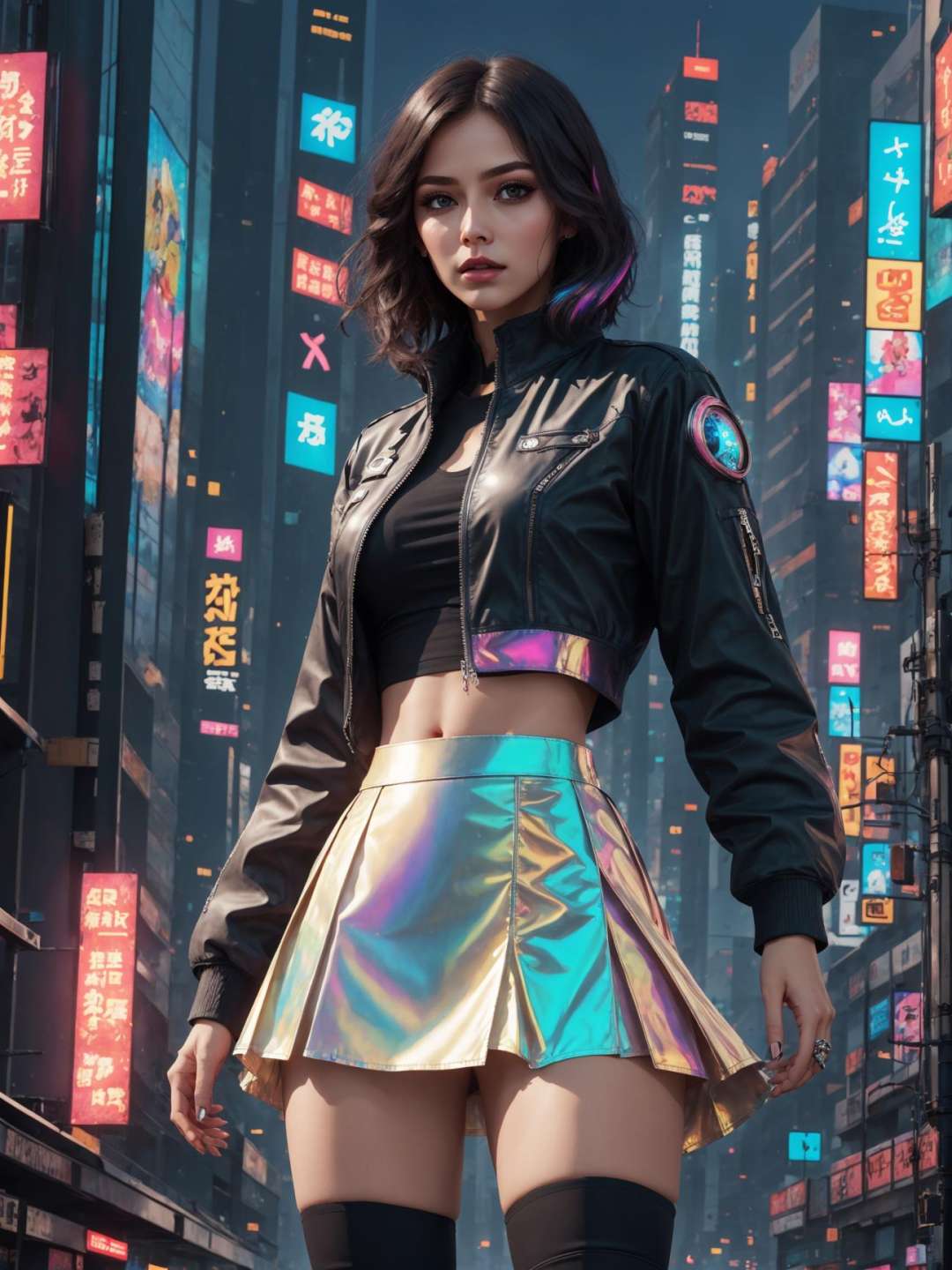 breathtaking 8k, masterpiece, (iridescent clothing), <lora:iridescent_clothing-1.0:0.8>, ((cyberpunk)), futuristic, neon city, night, pleated skirt, bob cut, black hair, jacket, thighhigh boots . award-winning, professional, highly detailed