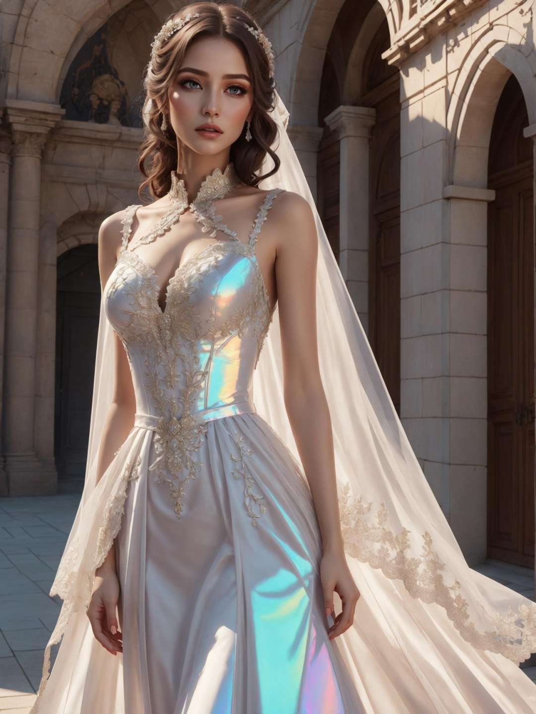 breathtaking 8k, masterpiece, ((iridescent clothing)), <lora:iridescent_clothing-1.0:0.8>, long wedding dress, sheer, lace, ruffles . award-winning, professional, highly detailed