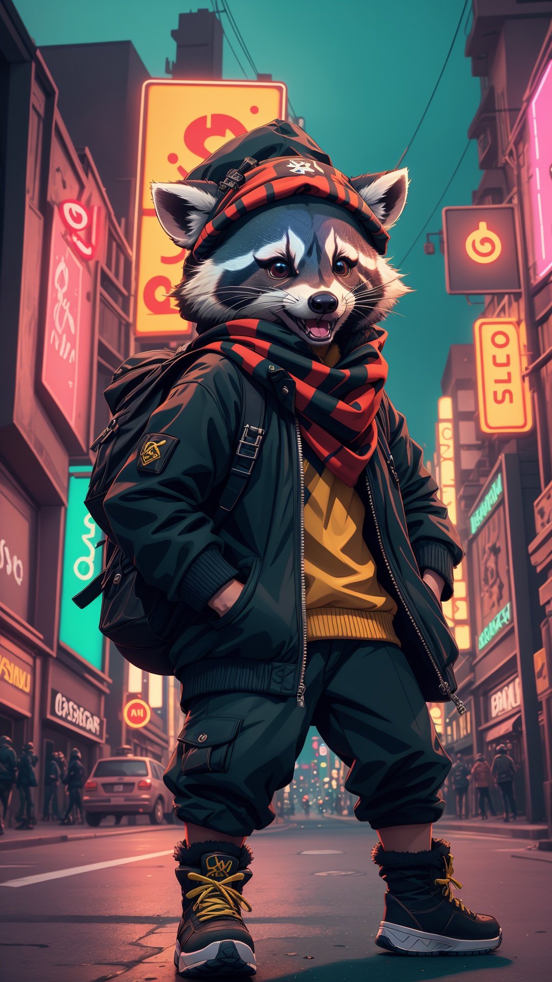 (best quality,highres), 3D video game raccoon wearing a bandana on his head, demands money, vibrant colors, detailed fur, intense expression, dynamic pose, urban street backdrop, digital art, neon lights, game character, mischievous vibe