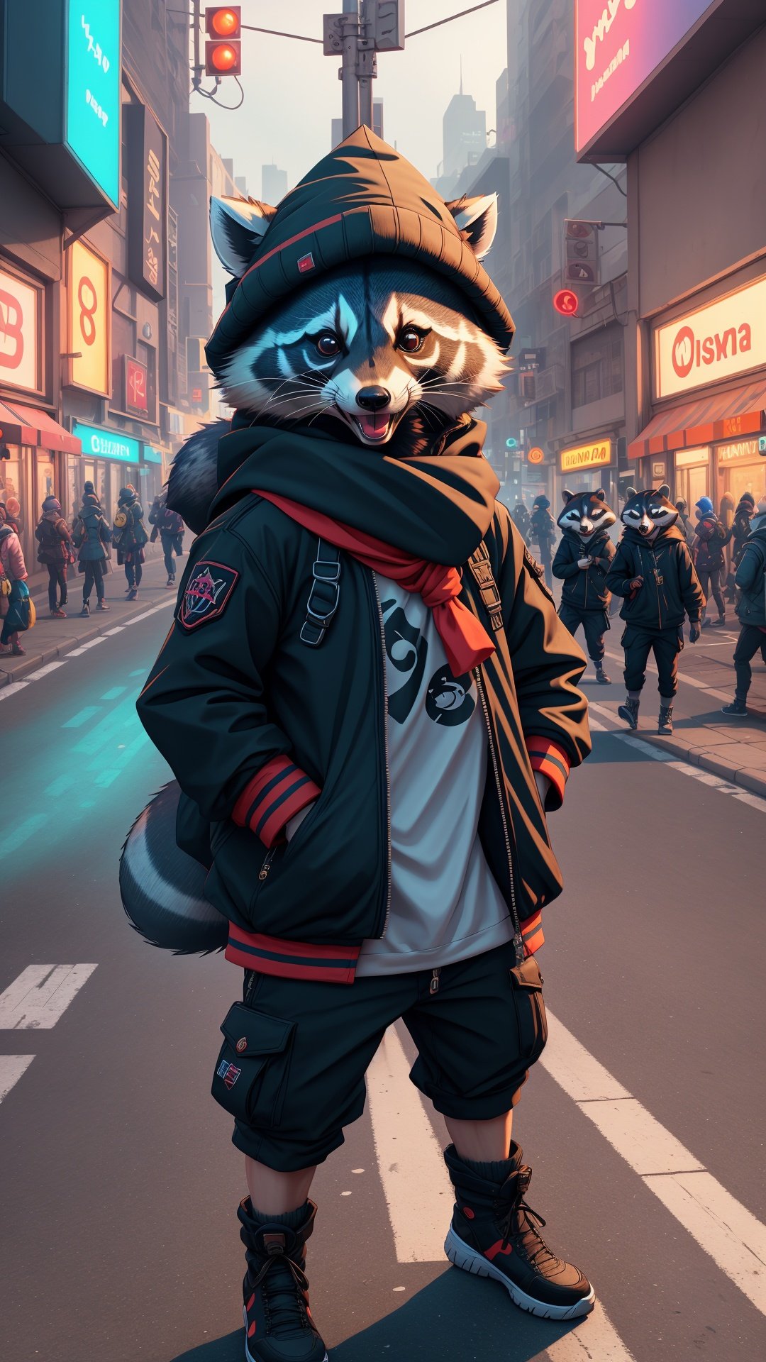 (best quality,highres), 3D video game raccoon wearing a bandana on his head, demands money, vibrant colors, detailed fur, intense expression, dynamic pose, urban street backdrop, digital art, neon lights, game character, mischievous vibe