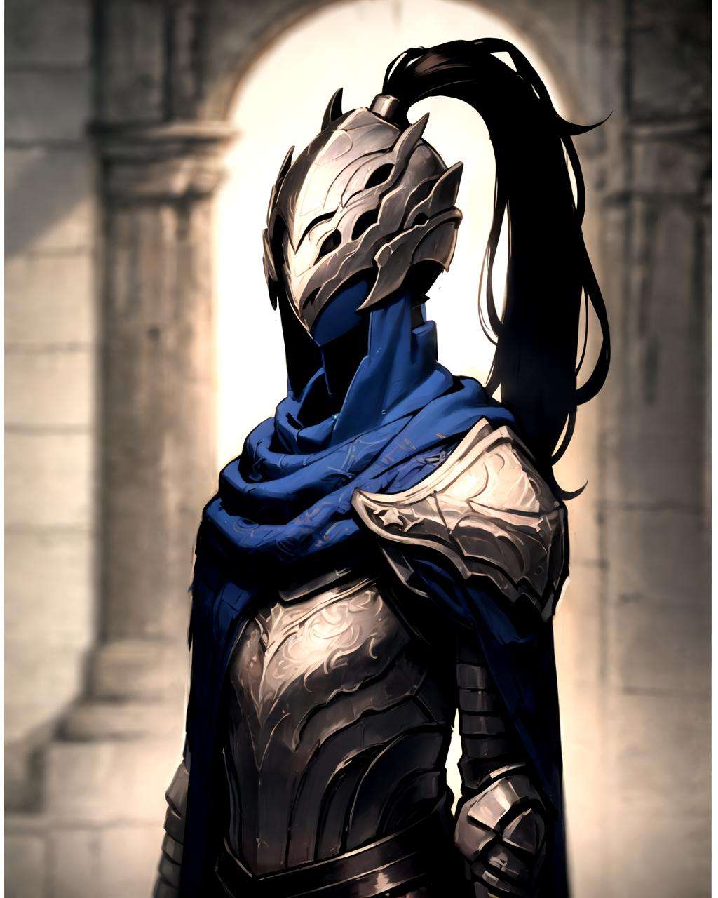 1girl, upper body, detailed face, knight, helm, ponytail , cloak, <lora:Artorias:0.8>, night,  