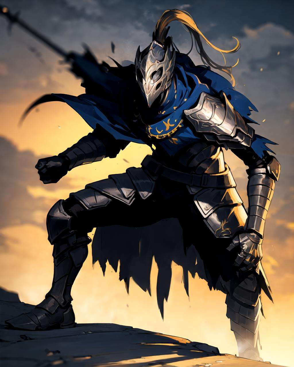 knight,action-packed , helm, ponytail , cloak, <lora:Artorias:0.8>, night,  