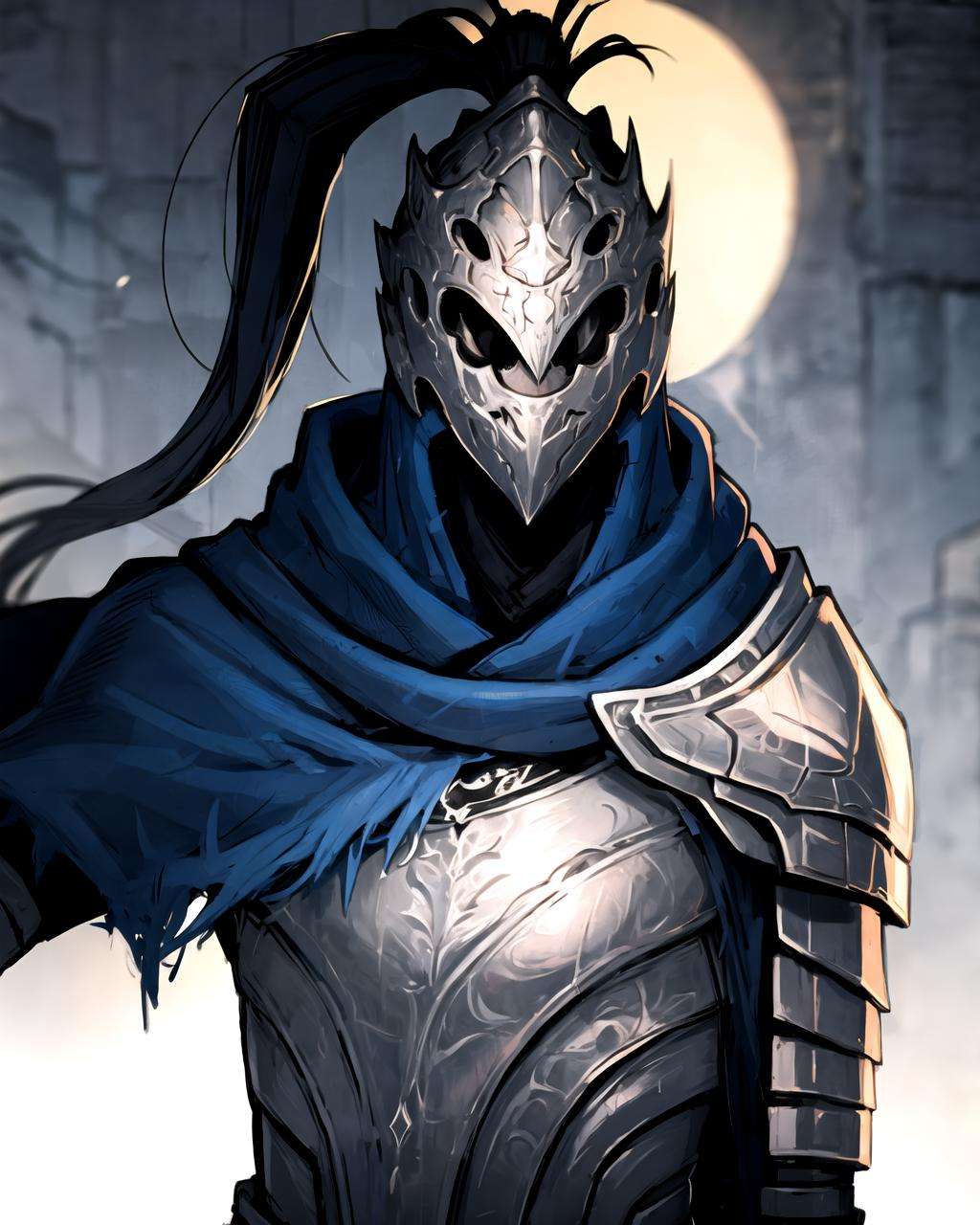 knight, upper body, holding, greatsword, helm, ponytail , cloak, <lora:Artorias:0.8>, night,  