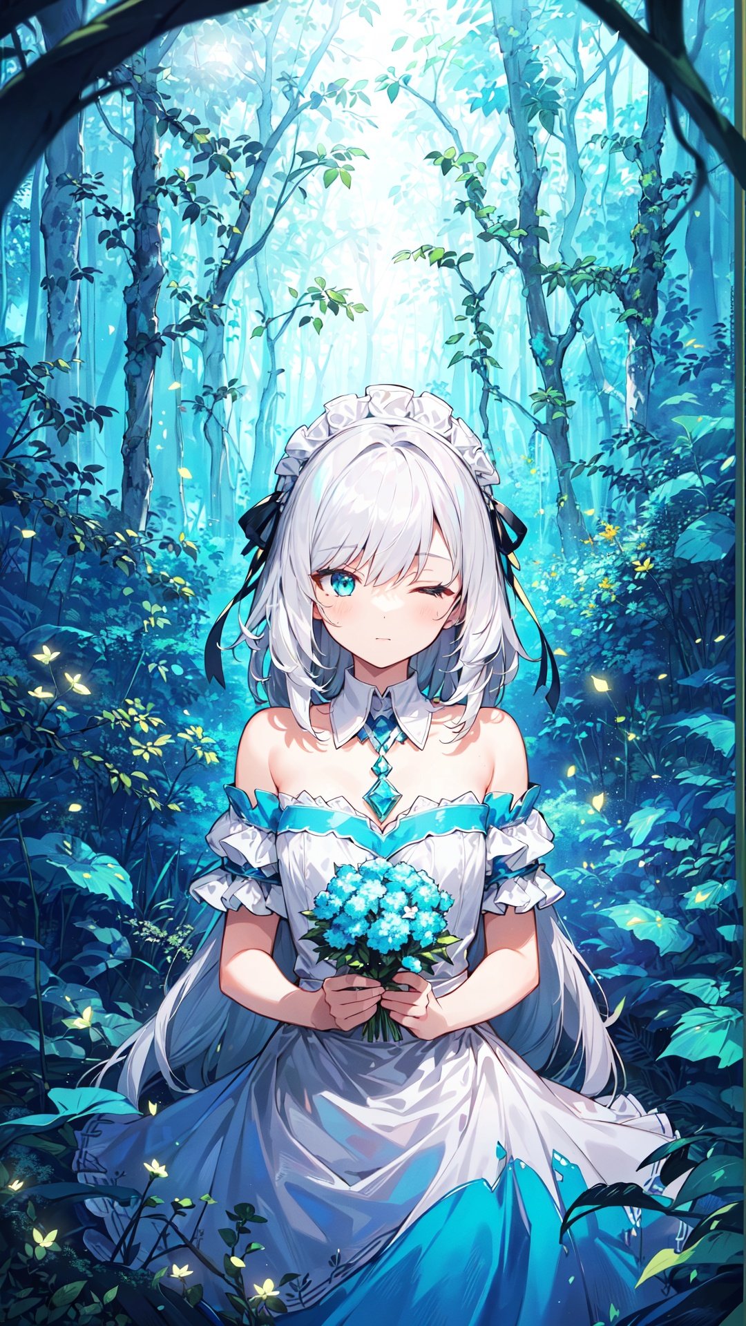 late at night, dark, dark, (((green, silver, glimmer)), limited palette, contrast, phenomenal aesthetic, best quality, sumptuous artwork, (masterpiece), (best quality), (ultra-detailed), (((illustration))), ((an extremely delicate and beautiful)), (detailed light),

dark, an acacia, cassie , sponge-tree, vines, forest, ruins, Blurred picture, lens flare, hdr, 1girl, cold theme, aqua theme, white hair, blinking, white dress, closed mouth, constel lation, flat color, noline art, white hair, braid, blinking, maid, detached collar, bare shoulders