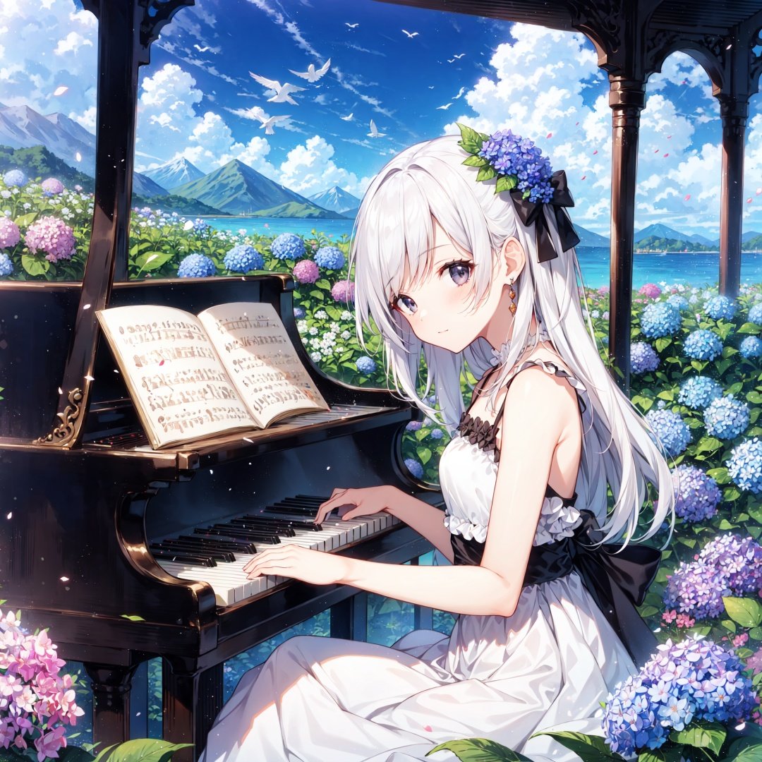 1girl, solo, long hair, piano, instrument, black eyes, dress, white dress, white hair, looking at viewer, light particles, closed mouth, indoors, jewelry, sleeveless, bare shoulders, bangs, from side, head rest on piano, head tilt, black rose, beautiful detailed eyes, detailed background, amanhecer, cloud, flower, sky, scenery, day, grass, outdoors, blue_sky, field, cloudy_sky, horizon, hydrangea, water, ocean, mountain, blue_flower, flower_field, bird, The black bow on the head