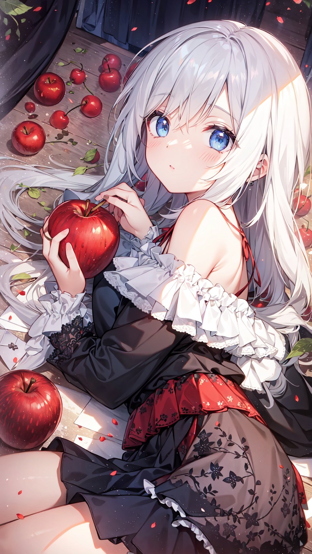 finely detail, Depth of field, (((masterpiece))), ((extremely detailed CG unity 8k wallpaper)), best quality, high resolution illustration, Amazing, intricate detail, (best illumination, best shadow, an extremely delicate and beautiful),

apple, fruit, red_apple, food, candy_apple, 1girl, cherry, long_hair, white hair, tomato, on_side, book, blue_eyes, solo, envelope, orb, lying, skirt, off_shoulder, letter, long_sleeves, bare_shoulders, black_skirt