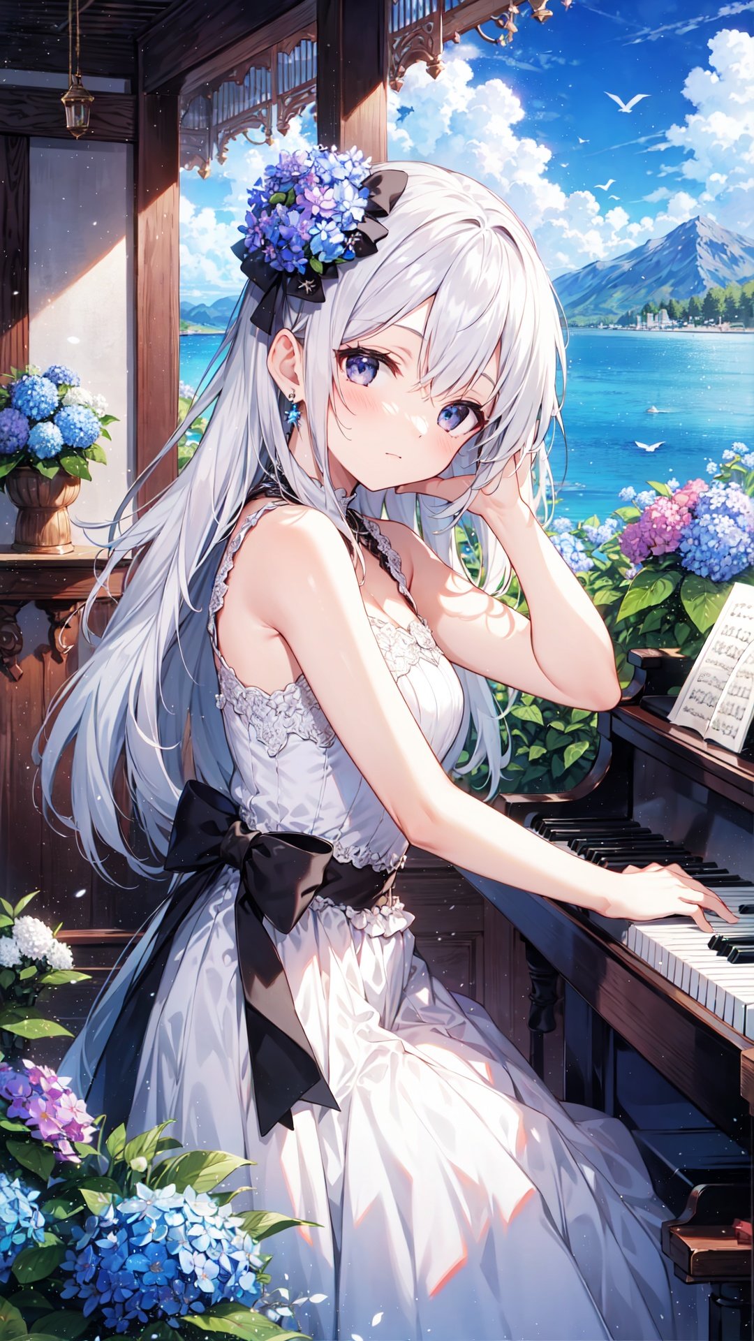 1girl, solo, long hair, piano, instrument, black eyes, dress, white dress, white hair, looking at viewer, light particles, closed mouth, indoors, jewelry, sleeveless, bare shoulders, bangs, from side, head rest on piano, head tilt, black rose, beautiful detailed eyes, detailed background, amanhecer, cloud, flower, sky, scenery, day, grass, outdoors, blue_sky, field, cloudy_sky, horizon, hydrangea, water, ocean, mountain, blue_flower, flower_field, bird, The black bow on the head