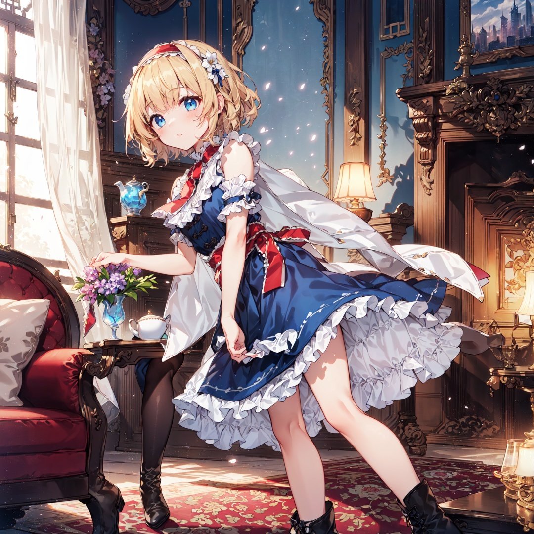 finely detail, Depth of field, (((masterpiece))), ((extremely detailed CG unity 8k wallpaper)), best quality, high resolution illustration, Amazing, highres, intricate detail, (best illumination, best shadow, an extremely delicate and beautiful),

(((Floating Shanghai Ningyou))), (((Floating Hourai Ningyou))), ((fumo doll)), (a girl), (((((solo))))), Humanoid doll, Floating Doll, Blond Short Hair, Holding the puppet with both hands,
female focus, (beautiful detailed girl), lovely face, extremely delicate and beautiful girls, (blue eyes), Alice, (((Alice Margatroid))), ((frilled shirt), (darkblue medium skirt), cape, saddlebrown ankle boots, red White ruffle hairband,

beautiful detailed glow, (lighting particle), (( Metal framed French window)), ((White curtain)), White wall, desk
, (((sofa))), cluster-amaryllis, bouquet, Hyacinthus orientalis L, ((Beautiful white clouds in the sky outside the window)), tea glass, carpet, Bookcase, vase, bedroom, (bed sheet background), (((fireplace))), ((Table lamp)), dark, hdr, dramatic angle, (((Tyndall effect))), beautiful detailed glow, Luminous particle