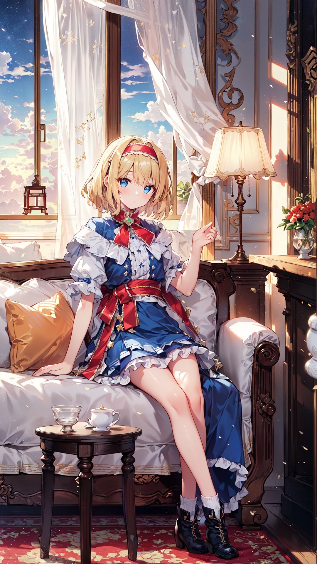 finely detail, Depth of field, (((masterpiece))), ((extremely detailed CG unity 8k wallpaper)), best quality, high resolution illustration, Amazing, highres, intricate detail, (best illumination, best shadow, an extremely delicate and beautiful),

(((Floating Shanghai Ningyou))), (((Floating Hourai Ningyou))), ((fumo doll)), (a girl), (((((solo))))), Humanoid doll, Floating Doll, Blond Short Hair, Holding the puppet with both hands,
female focus, (beautiful detailed girl), lovely face, extremely delicate and beautiful girls, (blue eyes), Alice, (((Alice Margatroid))), ((frilled shirt), (darkblue medium skirt), cape, saddlebrown ankle boots, red White ruffle hairband,

beautiful detailed glow, (lighting particle), (( Metal framed French window)), ((White curtain)), White wall, desk
, (((sofa))), cluster-amaryllis, bouquet, Hyacinthus orientalis L, ((Beautiful white clouds in the sky outside the window)), tea glass, carpet, Bookcase, vase, bedroom, (bed sheet background), (((fireplace))), ((Table lamp)), dark, hdr, dramatic angle, (((Tyndall effect))), beautiful detailed glow, Luminous particle