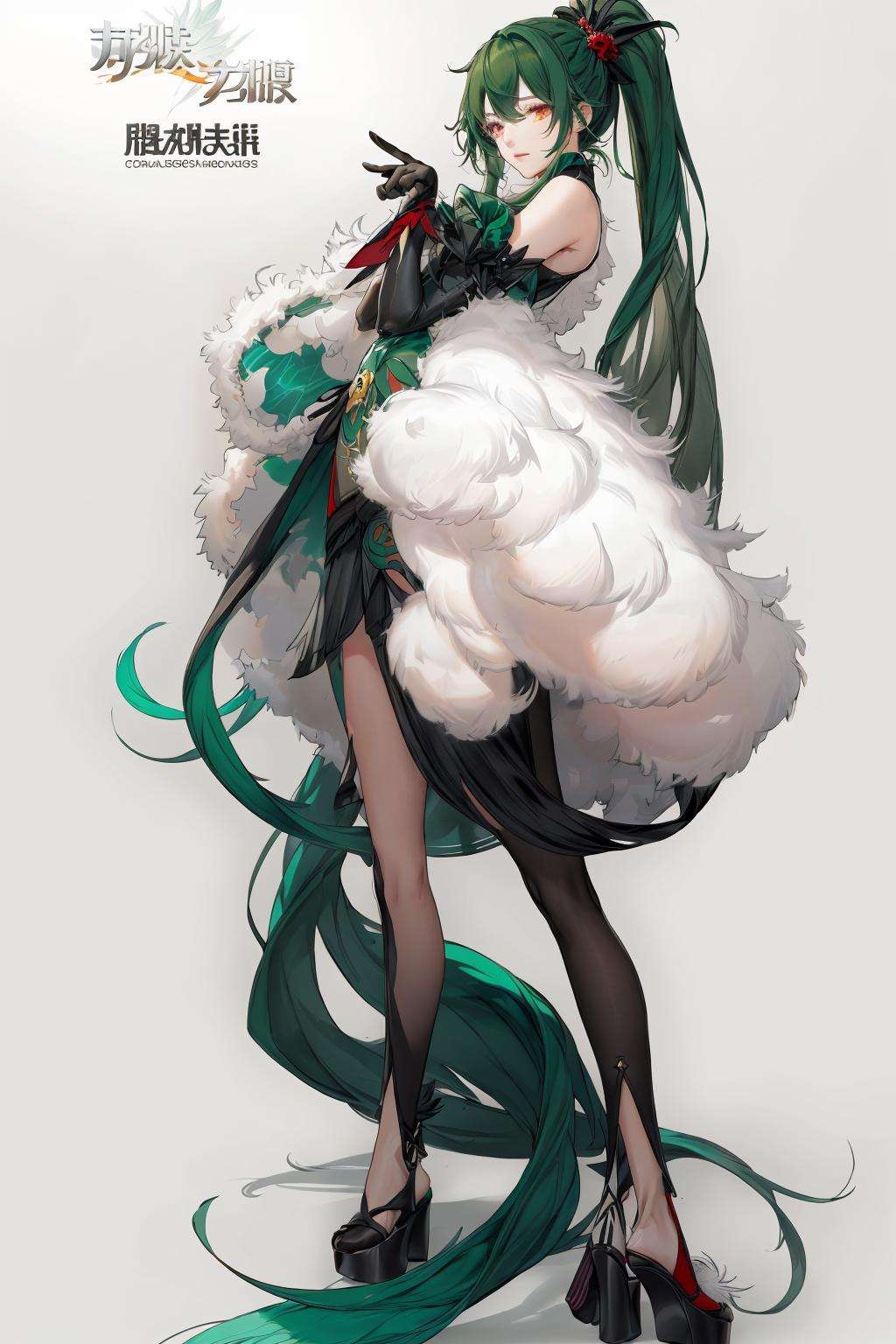 yato,  character,  concept art,  Character Design,  1girl,  solo,  long hair,  looking at viewer,  bangs,  simple background,  hair ornament,  red eyes,  gloves,  white background,  dress,  bare shoulders,  very long hair,  standing,  full body,  ponytail,  multicolored hair,  one eye closed,  green hair,  black gloves,  elbow gloves,  high heels,  red dress,  white footwear,  absurdly long hair,  feather boa, <lora:EMS-33617-EMS:0.500000>