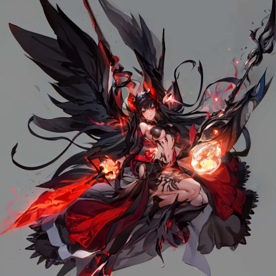 sapoo,  character,  concept art,  Character Design,  1girl,  solo,  long hair,  breasts,  looking at viewer,  bangs,  simple background,  black hair,  red eyes,  white background,  navel,  bare shoulders,  medium breasts,  very long hair,  full body,  wings,  horns,  holding weapon,  high heels,  tattoo,  black wings,  highres,  ultra detailed,  4k,  masterpiece, <lora:EMS-33617-EMS:0.500000>