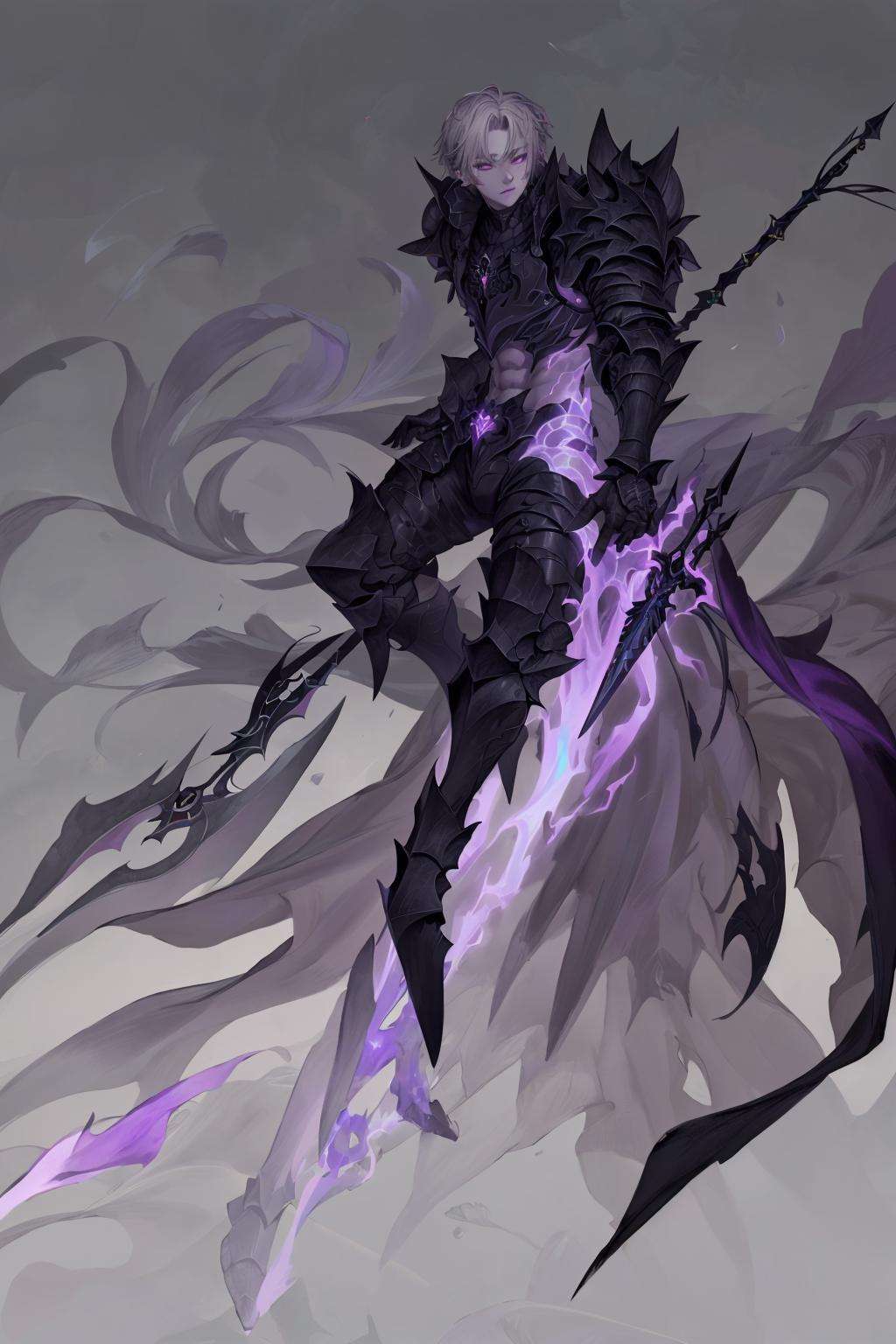 goyo,  character,  concept art,  Character Design,  solo,  simple background,  1boy,  white background,  holding,  closed mouth,  purple eyes,  weapon,  grey hair,  male focus,  holding weapon,  armor,  gradient,  muscular,  abs,  pectorals,  polearm,  shoulder armor,  gauntlets,  colored sclera,  pauldrons,  spear,  black sclera,  vambraces,  greaves,  bare pectorals,  black armor, <lora:EMS-33617-EMS:0.500000>