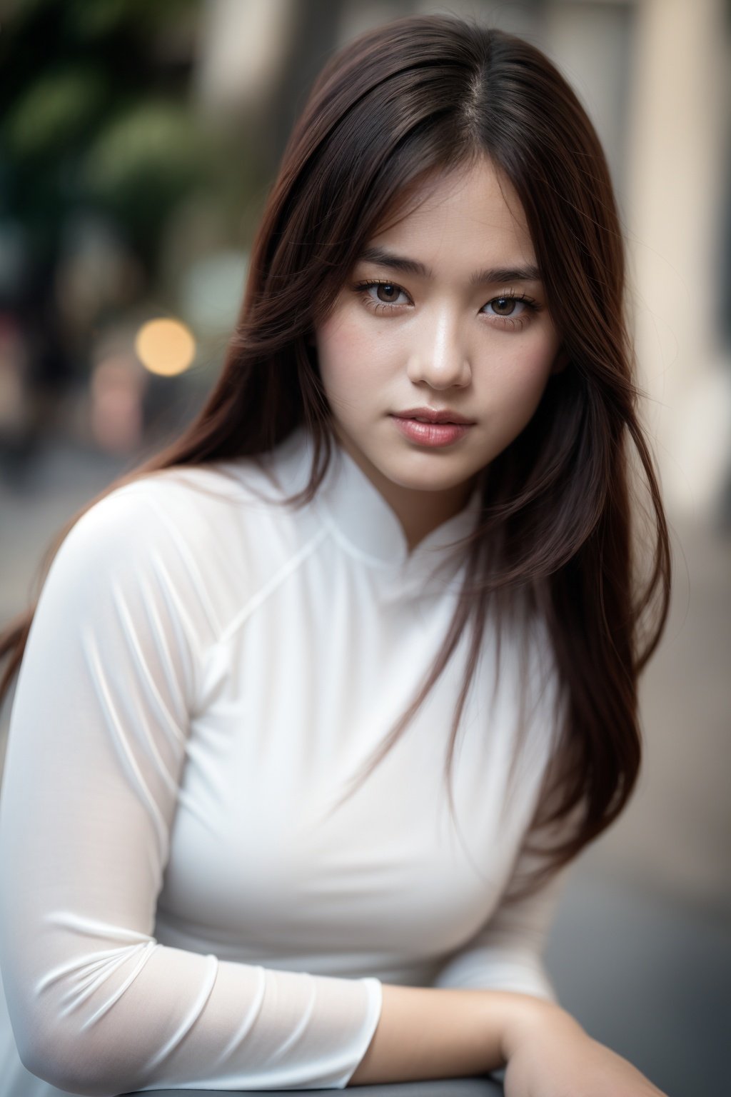 1girl, aodai white, photo art, <lora:aodai_white_SD_chiasedamme_v01:0.6>, a stunning photo with beautiful saturation, ultra high res,(realistic:1.4)),deep shadow,(best quality, masterpiece), pale skin, dimly lit, shade, flustered, blush, highly detailed, skinny, BREAK depth of field, film grain, wrinkled skin, looking at viewer, knee, warm smile, (upper body) masterpiece,ultra realistic,32k,extremely detailed CG unity 8k wallpaper, best quality