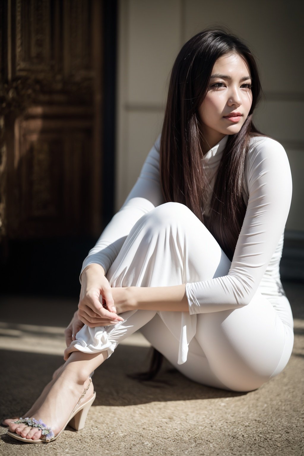 1girl, aodai white, photo art, (flower:1.2), <lora:aodai_white_SD_chiasedamme_v01:0.6>, a stunning photo with beautiful saturation, ultra high res,(realistic:1.4)),deep shadow,(best quality, masterpiece), pale skin, dimly lit, shade, flustered, blush, highly detailed, skinny, BREAK depth of field, film grain, wrinkled skin, looking at viewer, knee, warm smile, (full body) masterpiece,ultra realistic,32k,extremely detailed CG unity 8k wallpaper, best quality