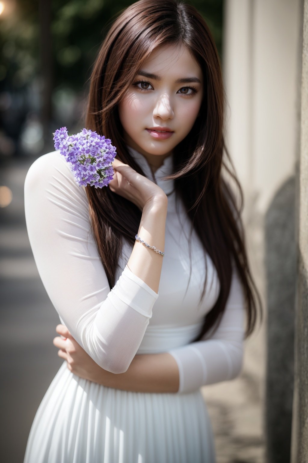 1girl, aodai white, photo art, (flower:1.6), <lora:aodai_white_SD_chiasedamme_v01:0.6>, a stunning photo with beautiful saturation, ultra high res,(realistic:1.4)),deep shadow,(best quality, masterpiece), pale skin, dimly lit, shade, flustered, blush, highly detailed, skinny, BREAK depth of field, film grain, wrinkled skin, looking at viewer, knee, warm smile, (upper body) masterpiece,ultra realistic,32k,extremely detailed CG unity 8k wallpaper, best quality