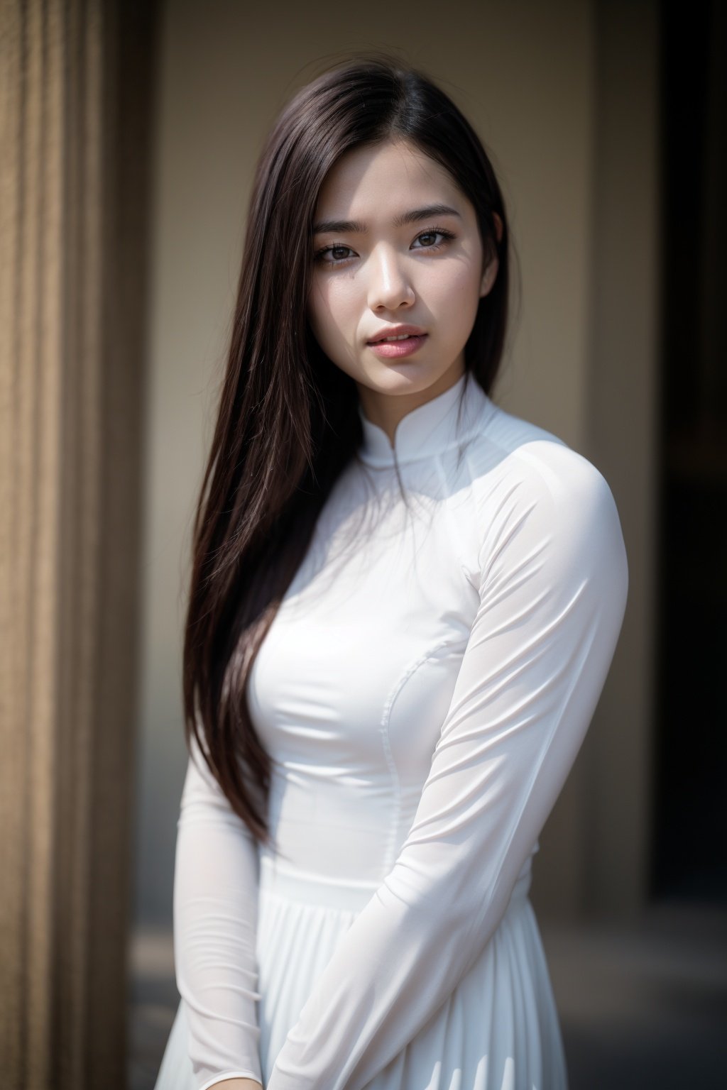 1girl, aodai white, photo art, (flower:1.2), <lora:aodai_white_SD_chiasedamme_v01:0.6>, a stunning photo with beautiful saturation, ultra high res,(realistic:1.4)),deep shadow,(best quality, masterpiece), pale skin, dimly lit, shade, flustered, blush, highly detailed, skinny, BREAK depth of field, film grain, wrinkled skin, looking at viewer, knee, warm smile, (full body) masterpiece,ultra realistic,32k,extremely detailed CG unity 8k wallpaper, best quality