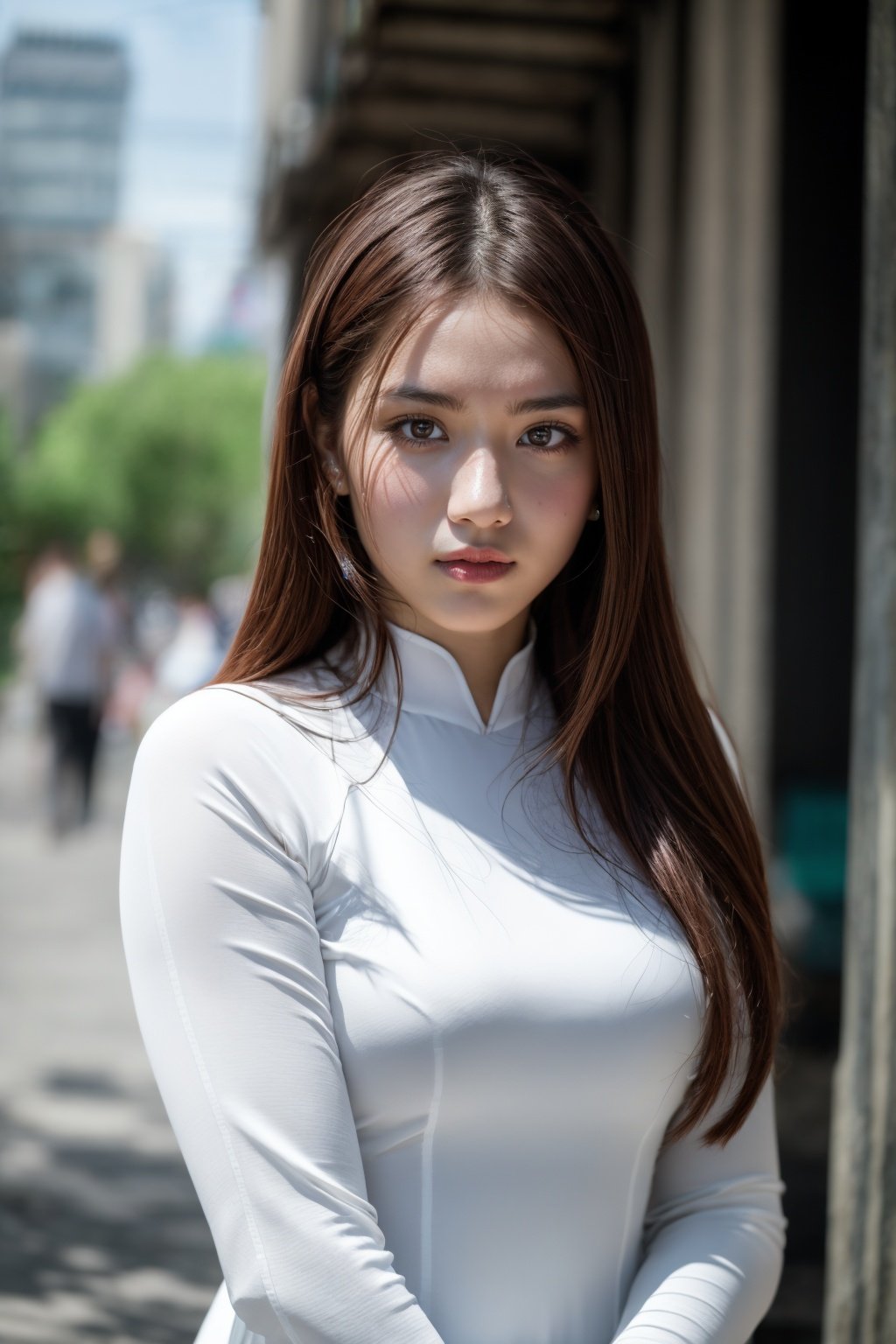 1girl, aodai  <lora:aodai_white_SD_chiasedamme_v01:0.6>, (upper body) masterpiece,ultra realistic,32k,extremely detailed CG unity 8k wallpaper, best quality