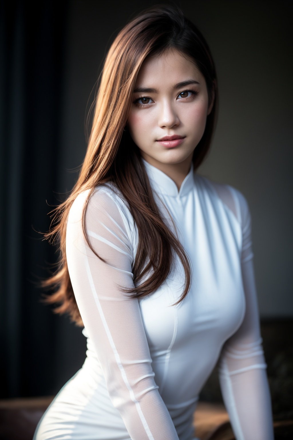 1girl, aodai  <lora:aodai_white_SD_chiasedamme_v01:0.6>, a stunning photo with beautiful saturation, ultra high res,(realistic:1.4)),deep shadow,(best quality, masterpiece), pale skin, dimly lit, shade, flustered, blush, highly detailed, skinny, BREAK depth of field, film grain, wrinkled skin, looking at viewer, knee, warm smile, (upper body) masterpiece,ultra realistic,32k,extremely detailed CG unity 8k wallpaper, best quality