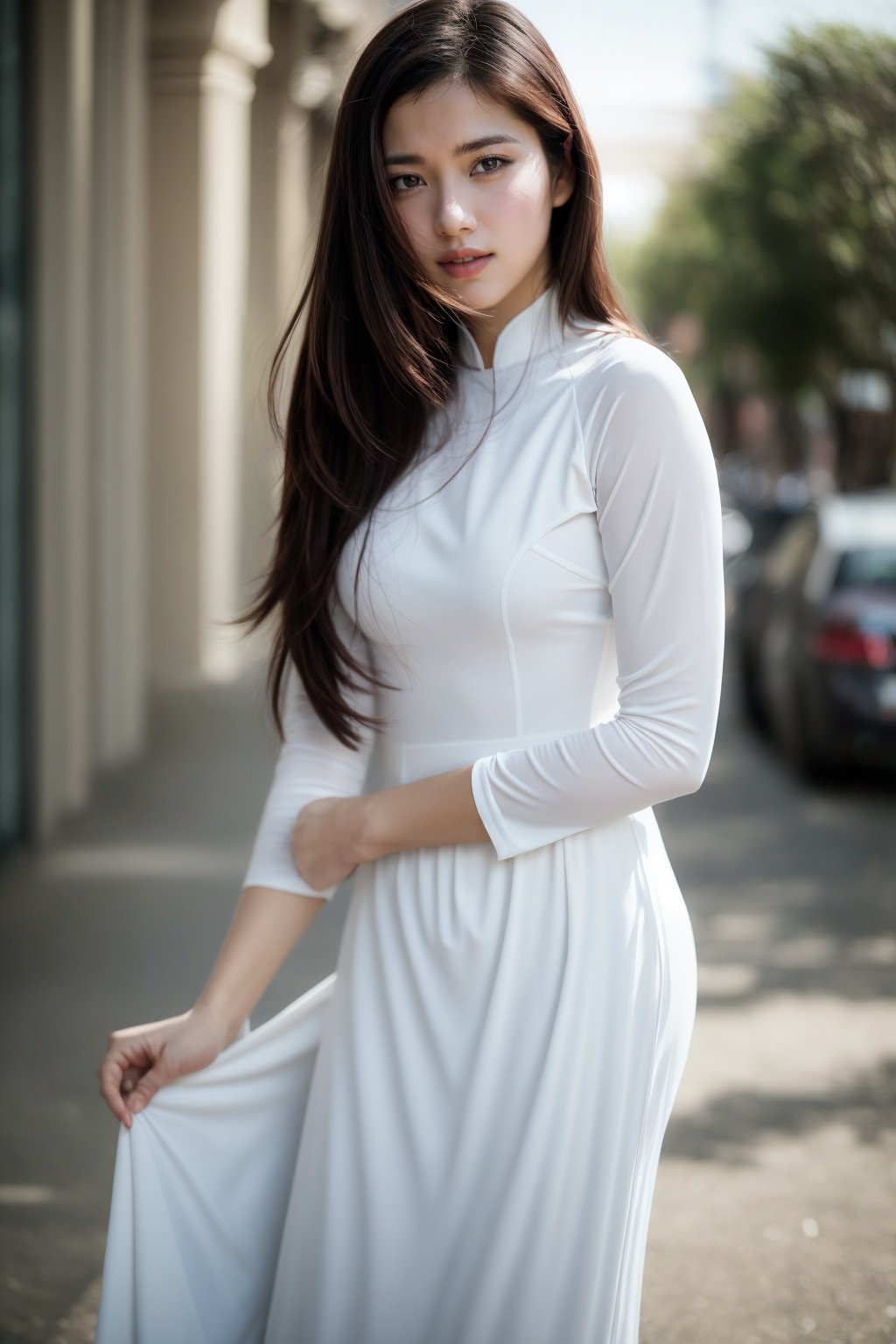 1girl, aodai white, photo art, (flower:1.2), <lora:aodai_white_SD_chiasedamme_v01:0.6>, a stunning photo with beautiful saturation, ultra high res,(realistic:1.4)),deep shadow,(best quality, masterpiece), pale skin, dimly lit, shade, flustered, blush, highly detailed, skinny, BREAK depth of field, film grain, wrinkled skin, looking at viewer, knee, warm smile, (full body) masterpiece,ultra realistic,32k,extremely detailed CG unity 8k wallpaper, best quality