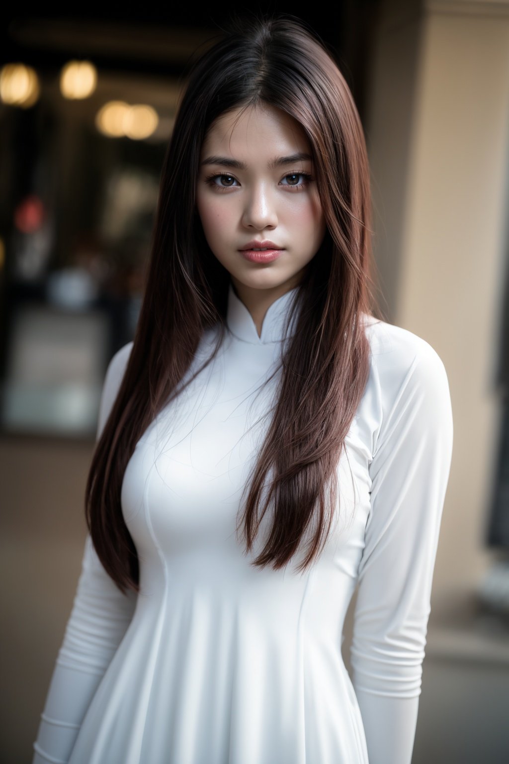 1girl, aodai  <lora:aodai_white_SD_chiasedamme_v01:0.6>, (upper body) masterpiece,ultra realistic,32k,extremely detailed CG unity 8k wallpaper, best quality